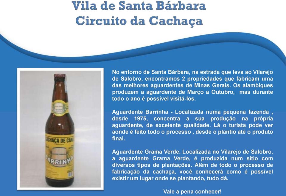 Aguardente Barrinha - Localizada numa pequena fazenda, desde 1975, concentra a sua produção na própria aguardente, de excelente qualidade.