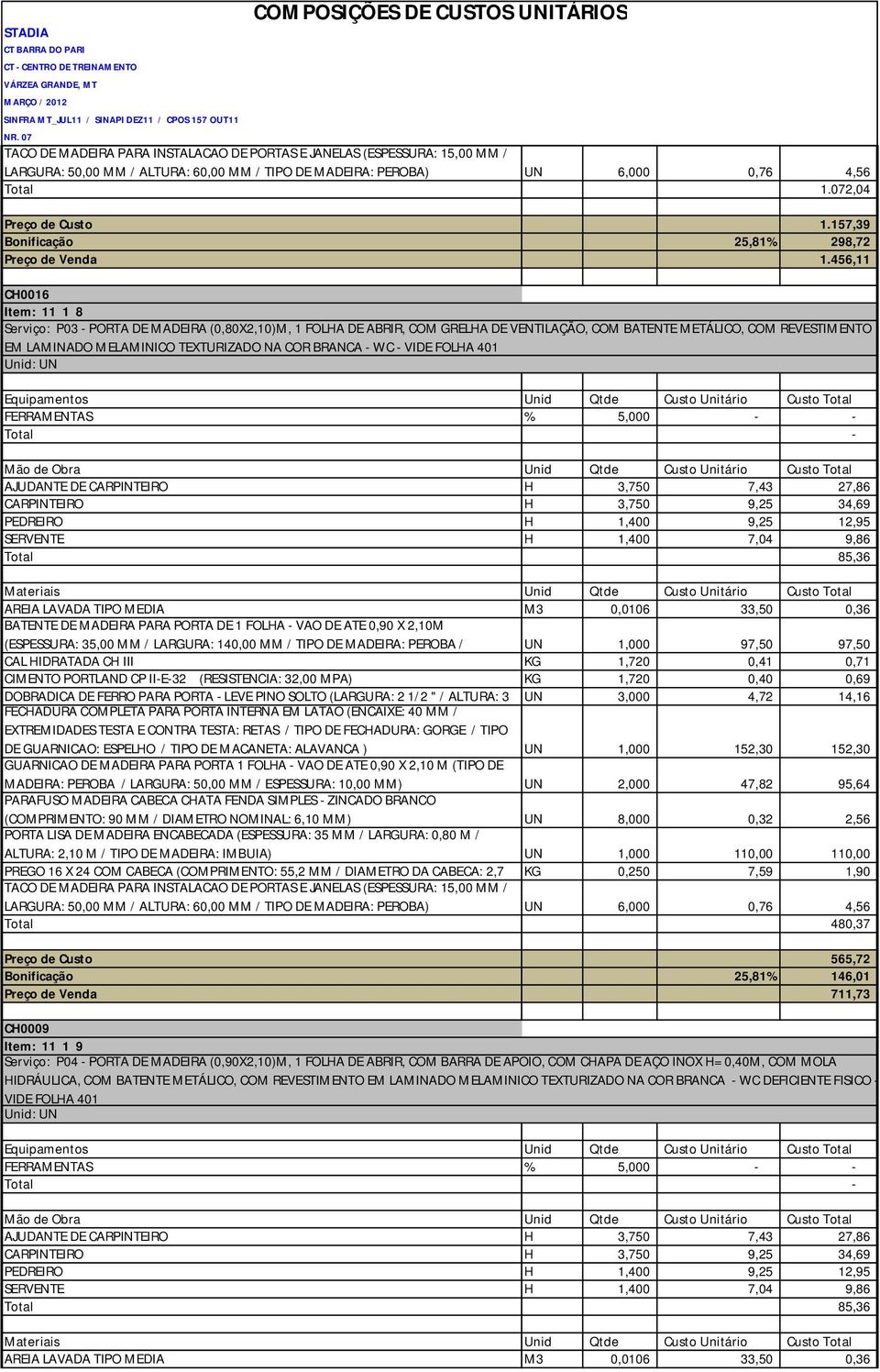 456,11 CH0016 Item: 11 1 8 Serviço: P03 - PORTA DE MADEIRA (0,80X2,10)M, 1 FOLHA DE ABRIR, COM GRELHA DE VENTILAÇÃO, COM BATENTE METÁLICO, COM REVESTIMENTO EM LAMINADO MELAMINICO TEXTURIZADO NA COR