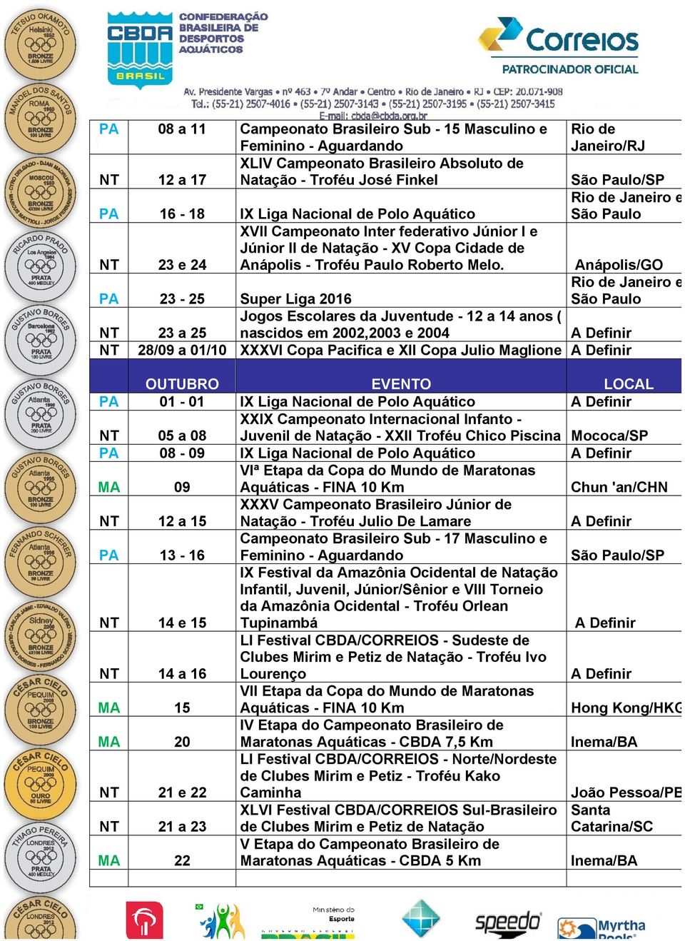 Janeiro e São Paulo Anápolis/GO Janeiro e São Paulo Super Liga 2016 Jogos Escolares da Juventude - 12 a 14 anos ( 23 a 25 nascidos em 2002,2003 e 2004 28/09 a 01/10 XXXVI Copa Pacifica e XII Copa