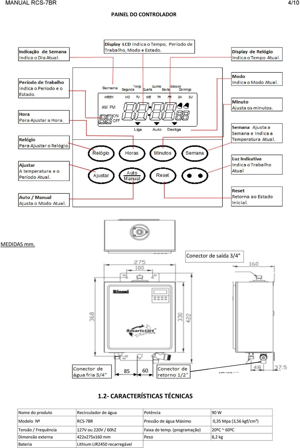 Pressão de água Máximo 0,35 Mpa (3,56 kgf/cm²) Tensão / Frequência 127V ou 220V / 60hZ Faixa de