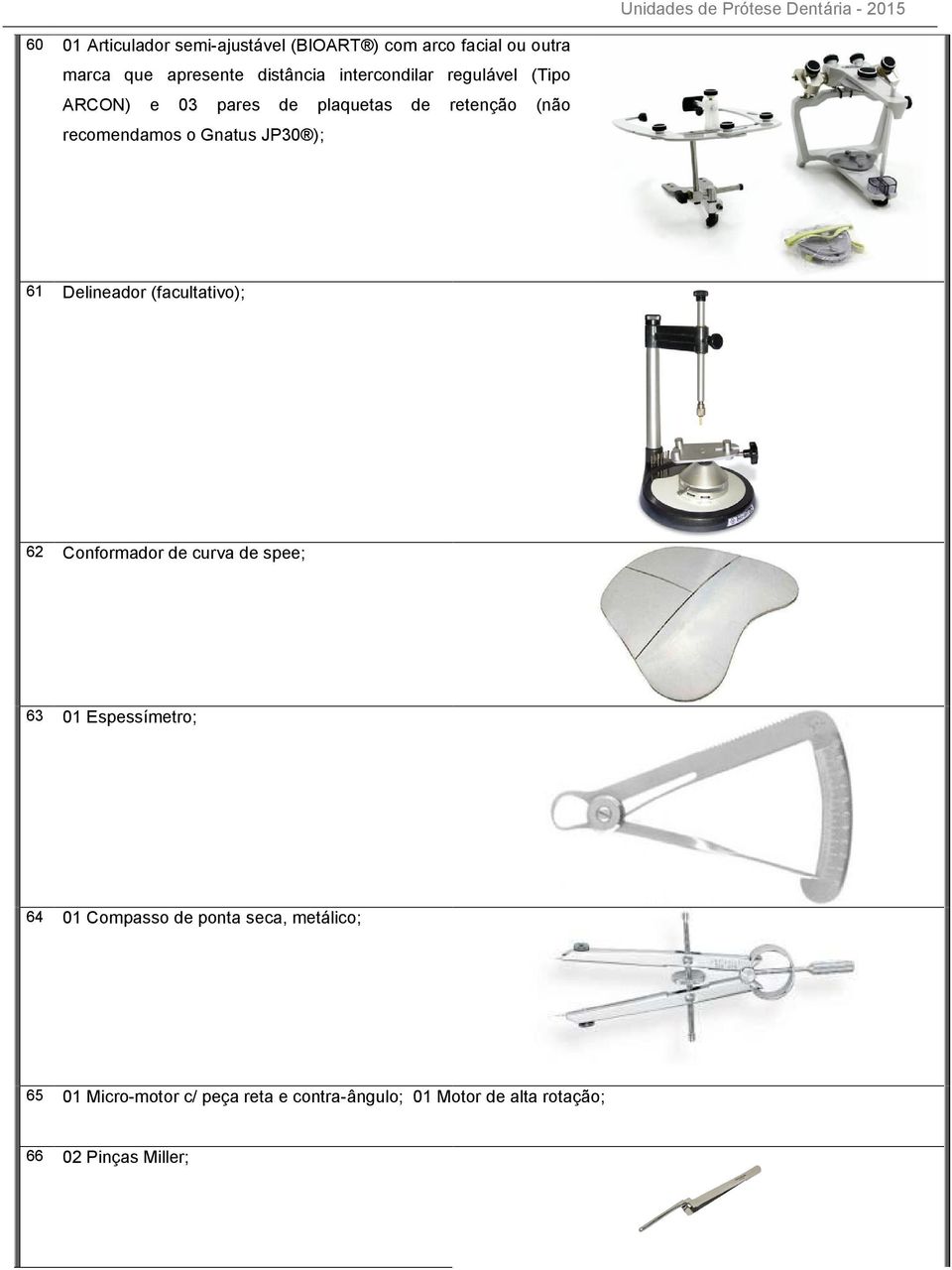 ); 61 Delineador (facultativo); 62 Conformador de curva de spee; 63 01 Espessímetro; 64 01 Compasso de
