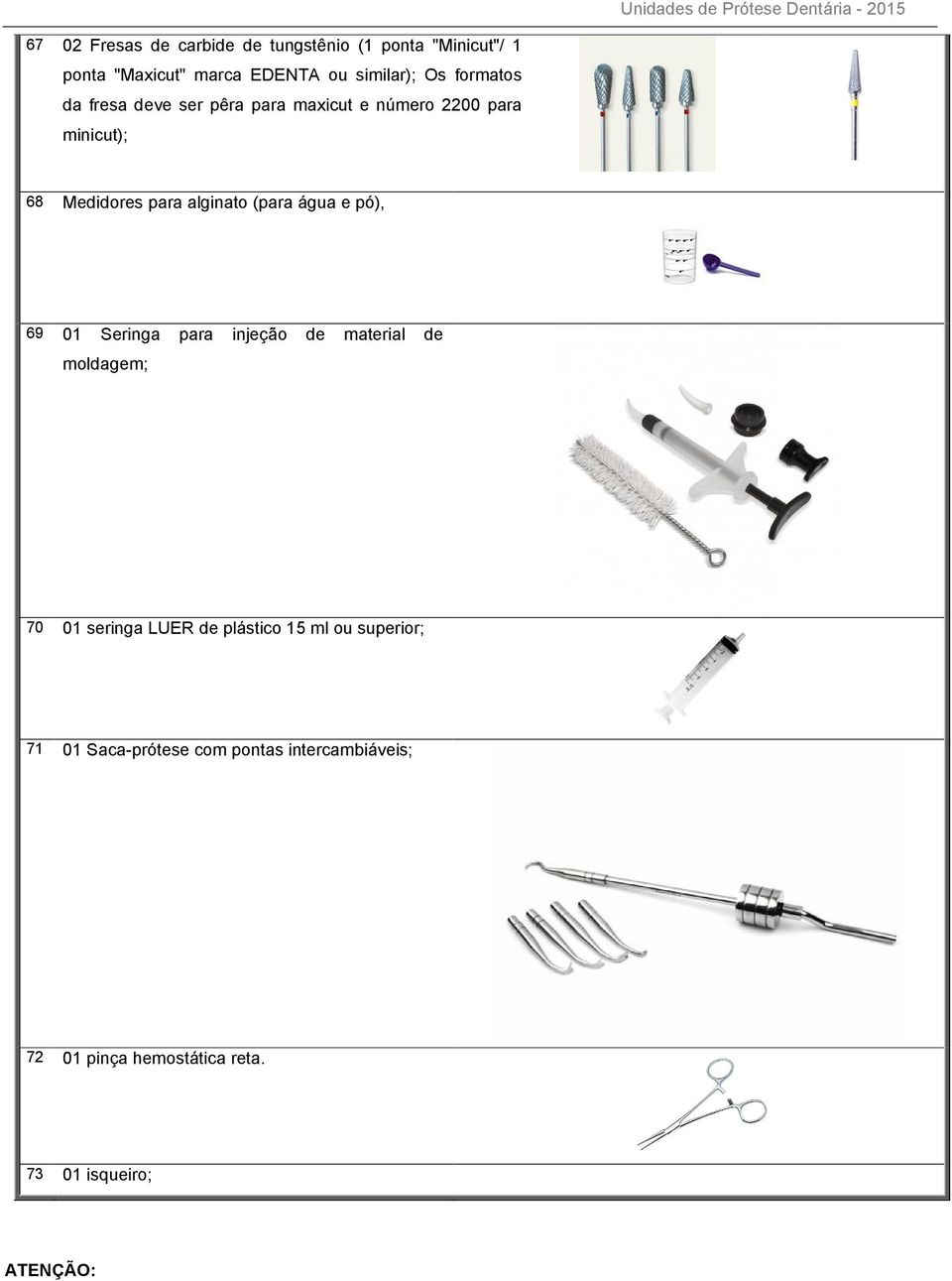 água e pó), 69 01 Seringa para injeção de material de moldagem; 70 01 seringa LUER de plástico 15 ml ou