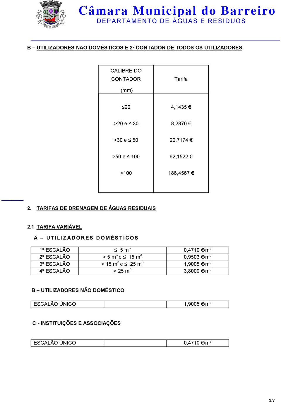 TARIFAS DE DRENAGEM DE ÁGUAS RESIDUAIS 2.