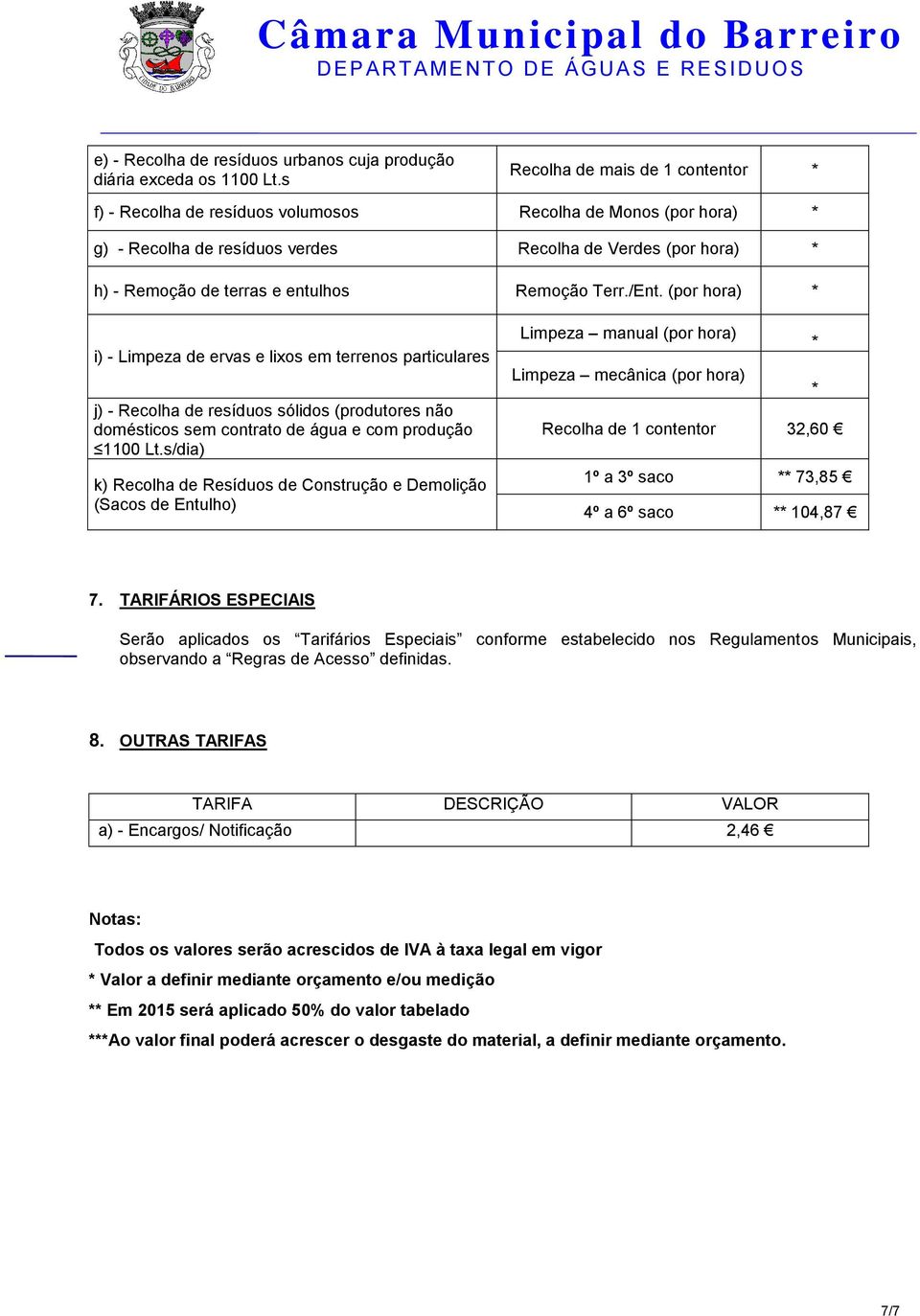 Remoção Terr./Ent. (por hora) * i) - Limpeza de ervas e lixos em terrenos particulares j) - Recolha de resíduos sólidos (produtores não domésticos sem contrato de água e com produção 1100 Lt.