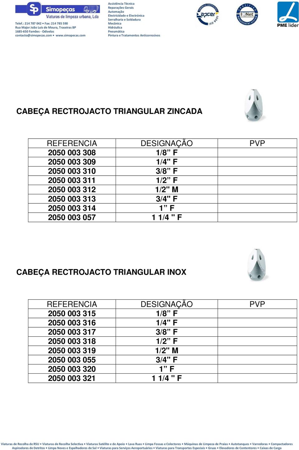 F CABEÇA RECTROJACTO TRIANGULAR INOX 2050 003 315 1/8 F 2050 003 316 1/4" F 2050 003 317 3/8 F