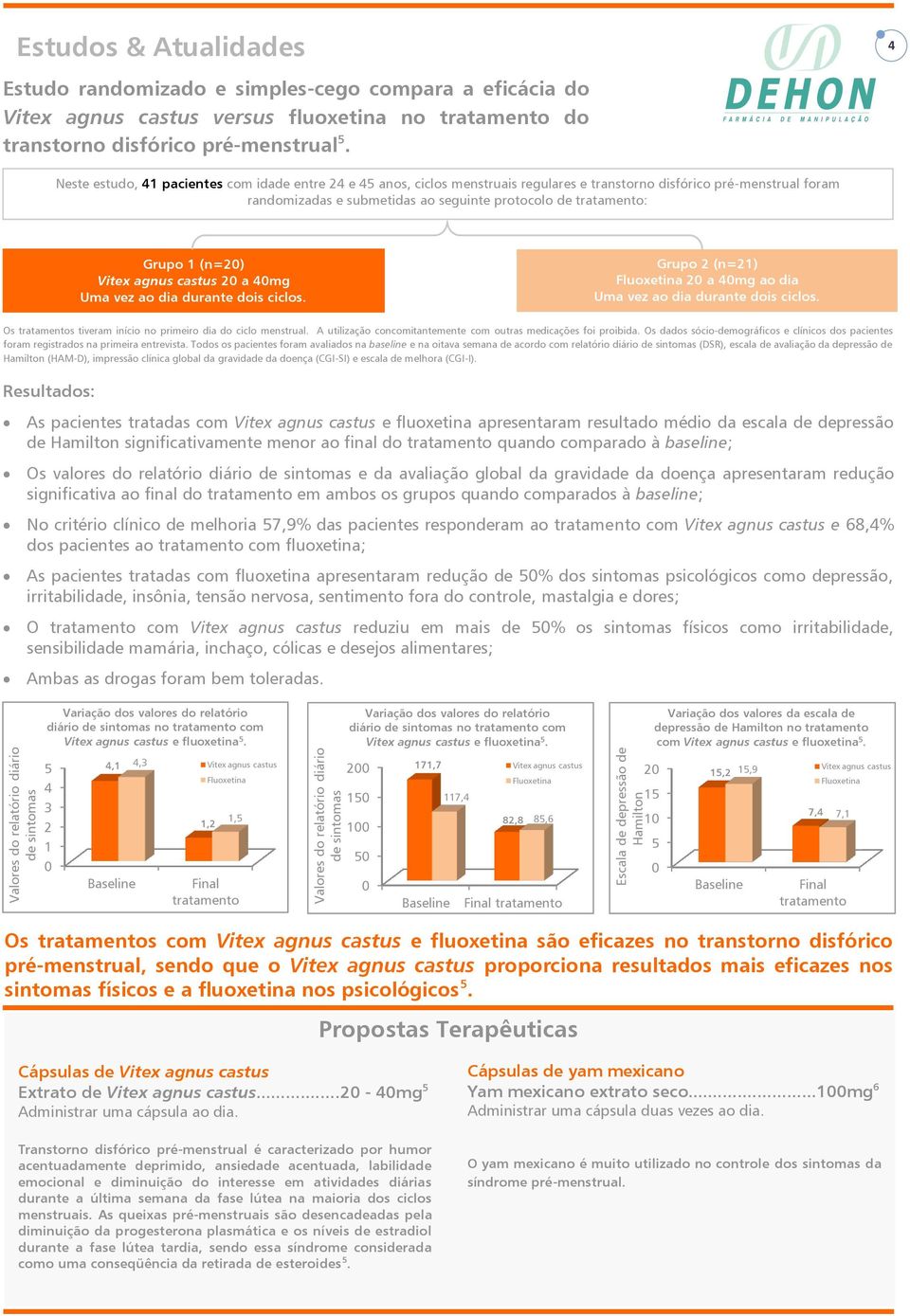 Neste estudo, 41 pacientes com idade entre 24 e 4 anos, ciclos menstruais regulares e transtorno disfórico pré-menstrual foram randomizadas e submetidas ao seguinte protocolo de tratamento: Grupo 1