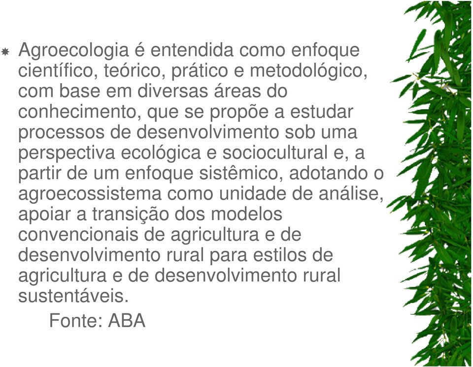 partir de um enfoque sistêmico, adotando o agroecossistema como unidade de análise, apoiar a transição dos modelos