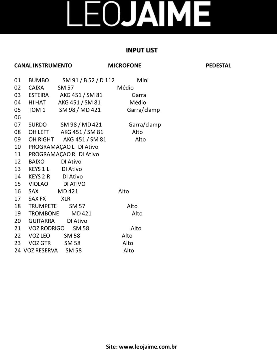 PROGRAMAÇAO L DI Ativo 11 PROGRAMAÇAO R DI Ativo 12 BAIXO DI Ativo 13 KEYS 1 L DI Ativo 14 KEYS 2 R DI Ativo 15 VIOLAO DI ATIVO 16 SAX MD 421 Alto 17 SAX FX