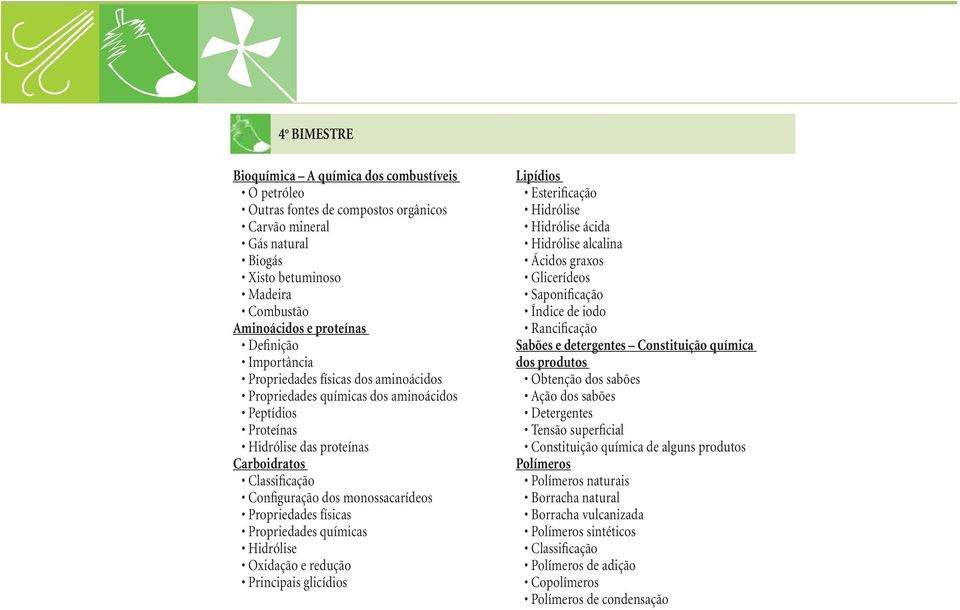 monossacarídeos Propriedades físicas Propriedades químicas Hidrólise Oxidação e redução Principais glicídios Lipídios Esterificação Hidrólise Hidrólise ácida Hidrólise alcalina Ácidos graxos