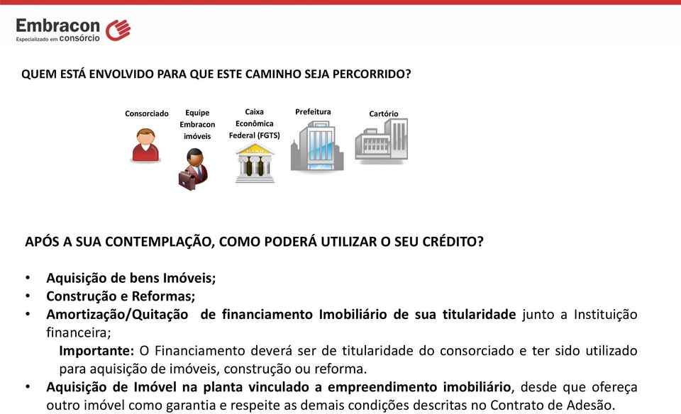 Aquisição de bens Imóveis; Construção e Reformas; Amortização/Quitação de financiamento Imobiliário de sua titularidade junto a Instituição financeira; Importante: O