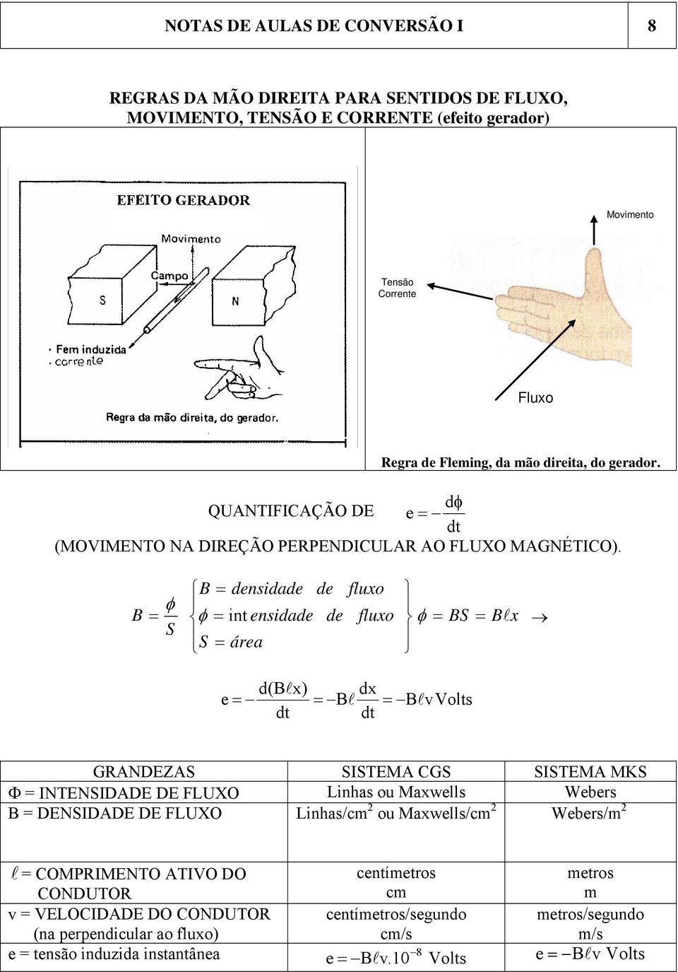 B B = densidade de fluxo = = int ensidade de fluxo = B = Blx área = d(blx) e = dt = Bl dx dt = BlvVolts GRADEZA TEMA CG TEMA MK Φ = TEDADE DE FLUXO Linhas ou Maxwells Webers B