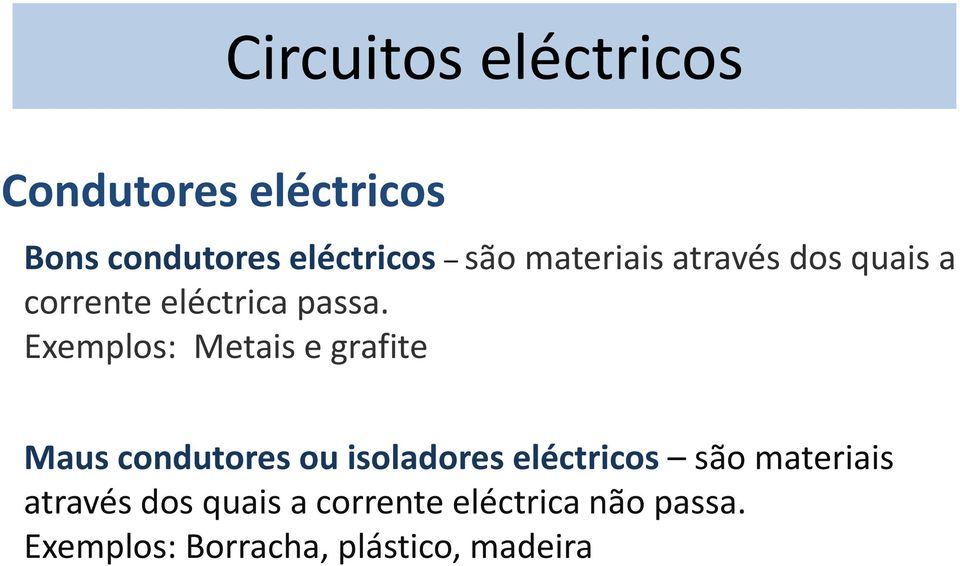 Exemplos: Metais e grafite Maus condutores ou isoladores eléctricos t