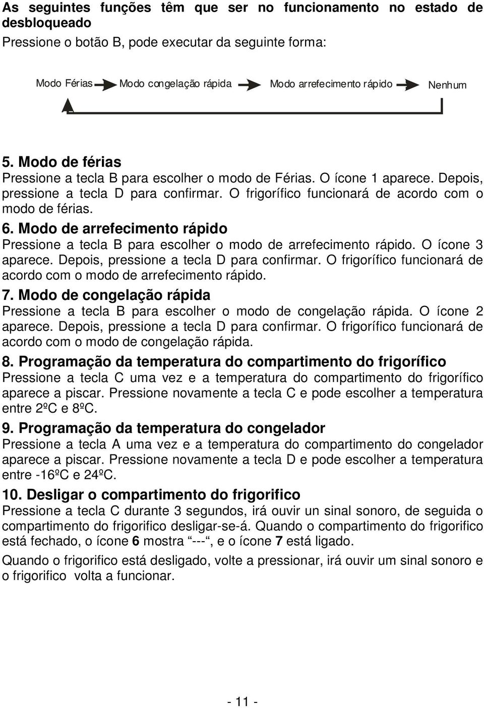 Modo de arrefecimento rápido Pressione a tecla B para escolher o modo de arrefecimento rápido. O ícone 3 aparece. Depois, pressione a tecla D para confirmar.