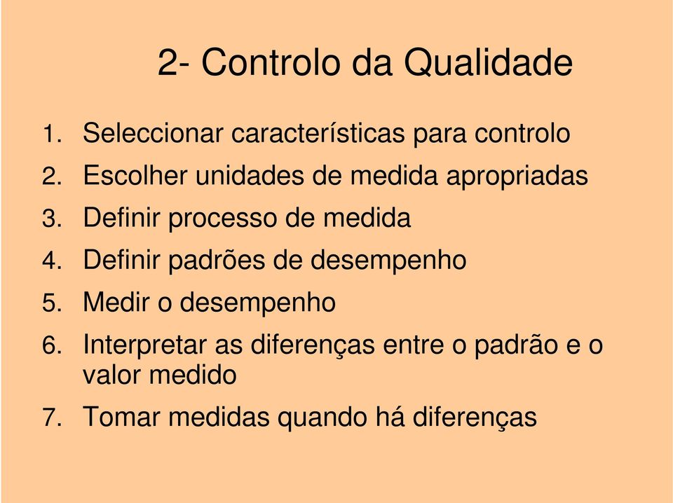 Definir padrões de desempenho 5. Medir o desempenho 6.