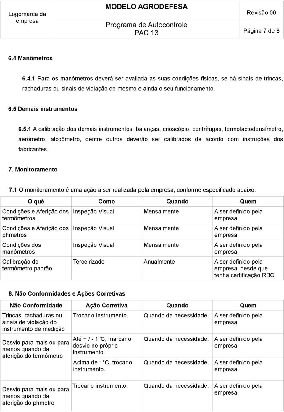 instruções dos fabricantes. 7. Monitoramento 7.