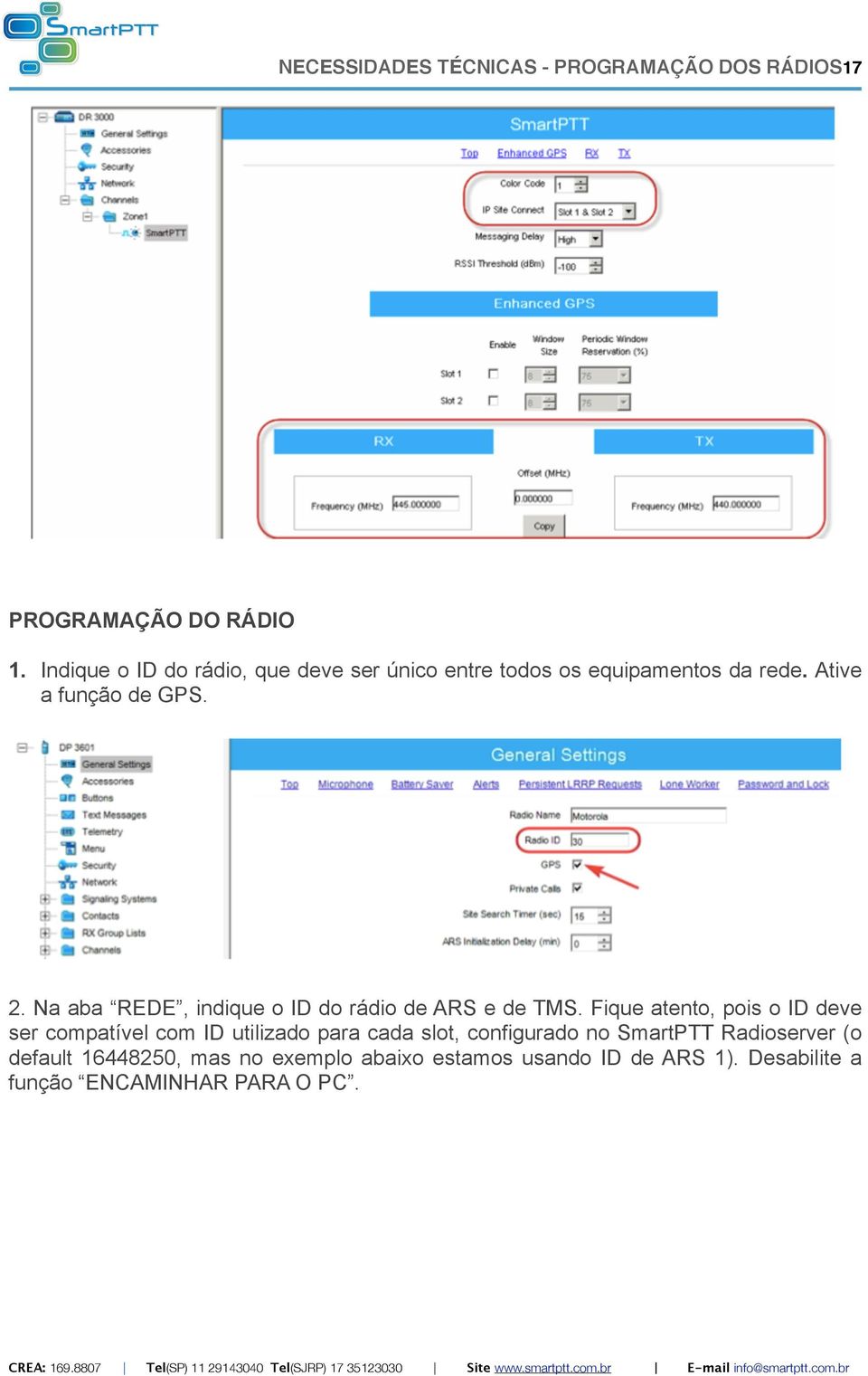 Na aba REDE, indique o ID do rádio de ARS e de TMS.