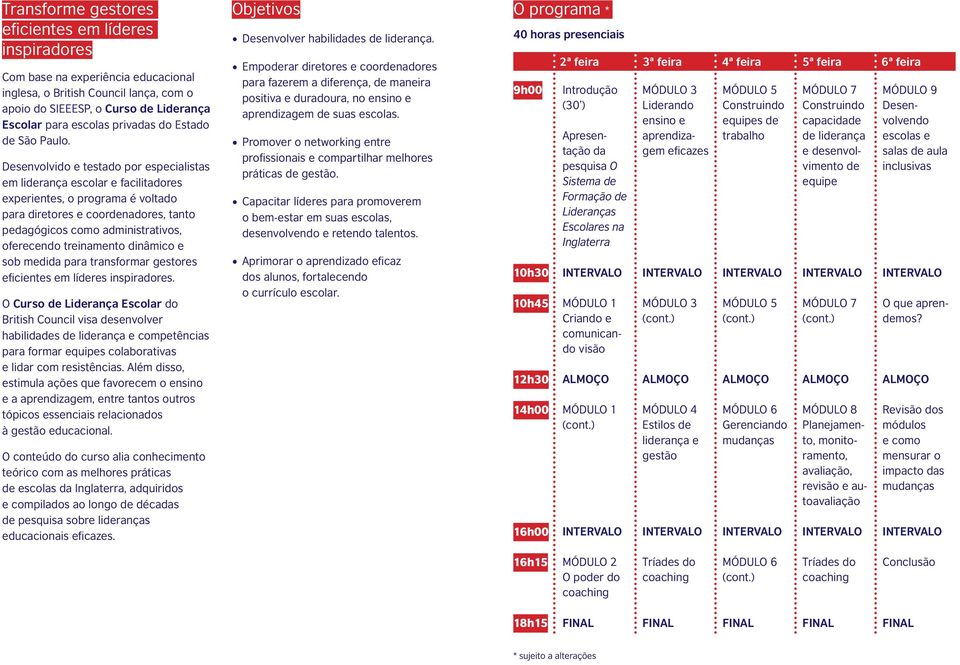 Desenvolvido e testado por especialistas em liderança escolar e facilitadores experientes, o programa é voltado para diretores e coordenadores, tanto pedagógicos como administrativos, oferecendo