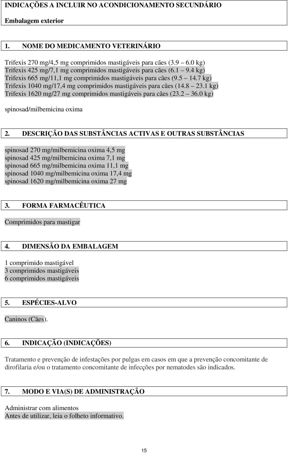 7 kg) Trifexis 1040 mg/17,4 mg comprimidos mastigáveis para cães (14.8 23.1 kg) Trifexis 1620 mg/27 mg comprimidos mastigáveis para cães (23.2 36.0 kg) spinosad/milbemicina oxima 2.
