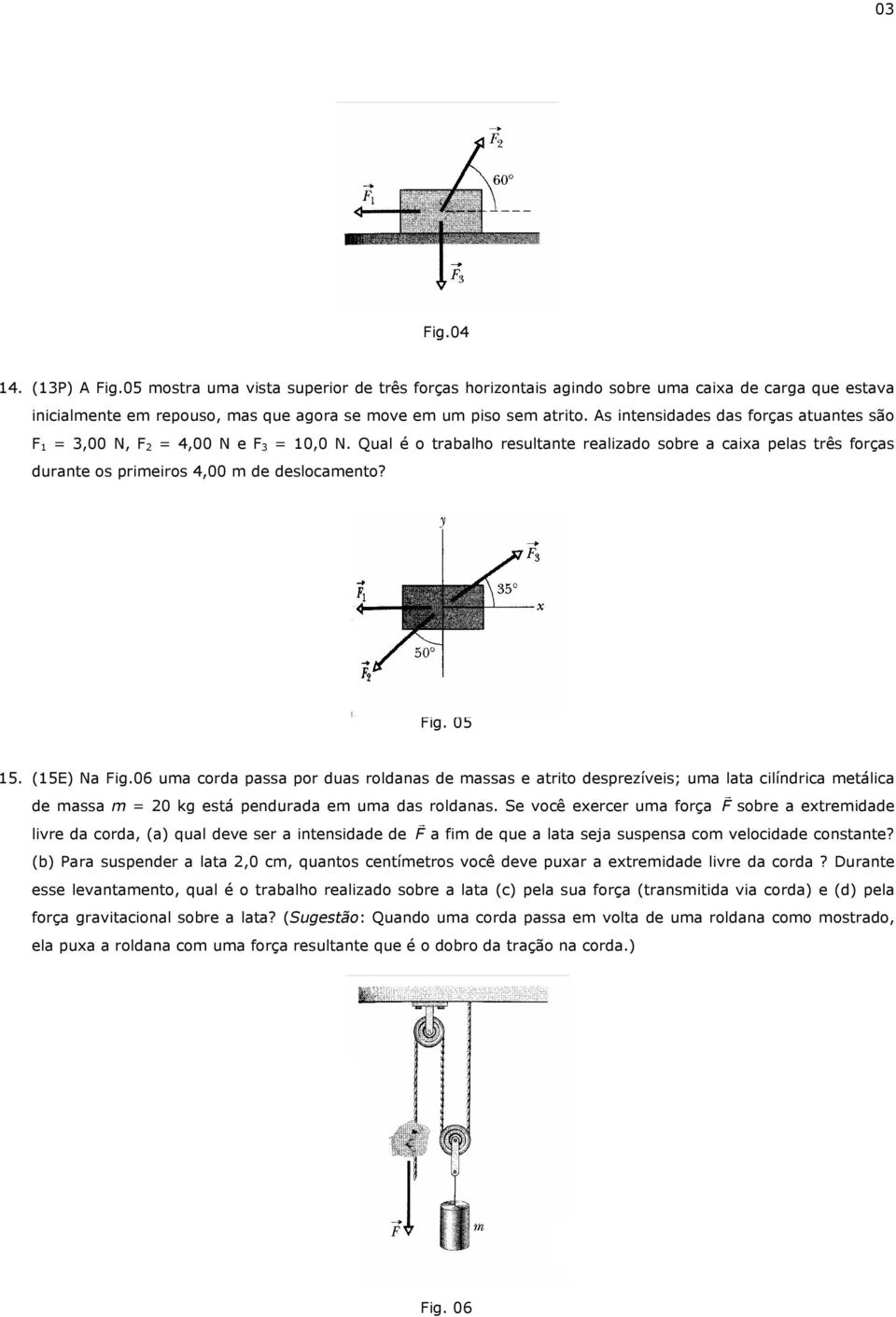 Fig. 05 15. (15E) Na Fig.06 uma corda passa por duas roldanas de massas e atrito desprezíveis; uma lata cilíndrica metálica de massa m = 20 kg está pendurada em uma das roldanas.