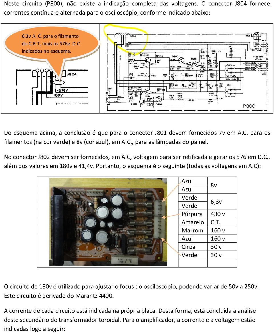 C., para as lâmpadas do painel. No conector J802 devem ser fornecidos, em A.C, voltagem para ser retificada e gerar os 576 em D.C., além dos valores em 180v e 41,4v.