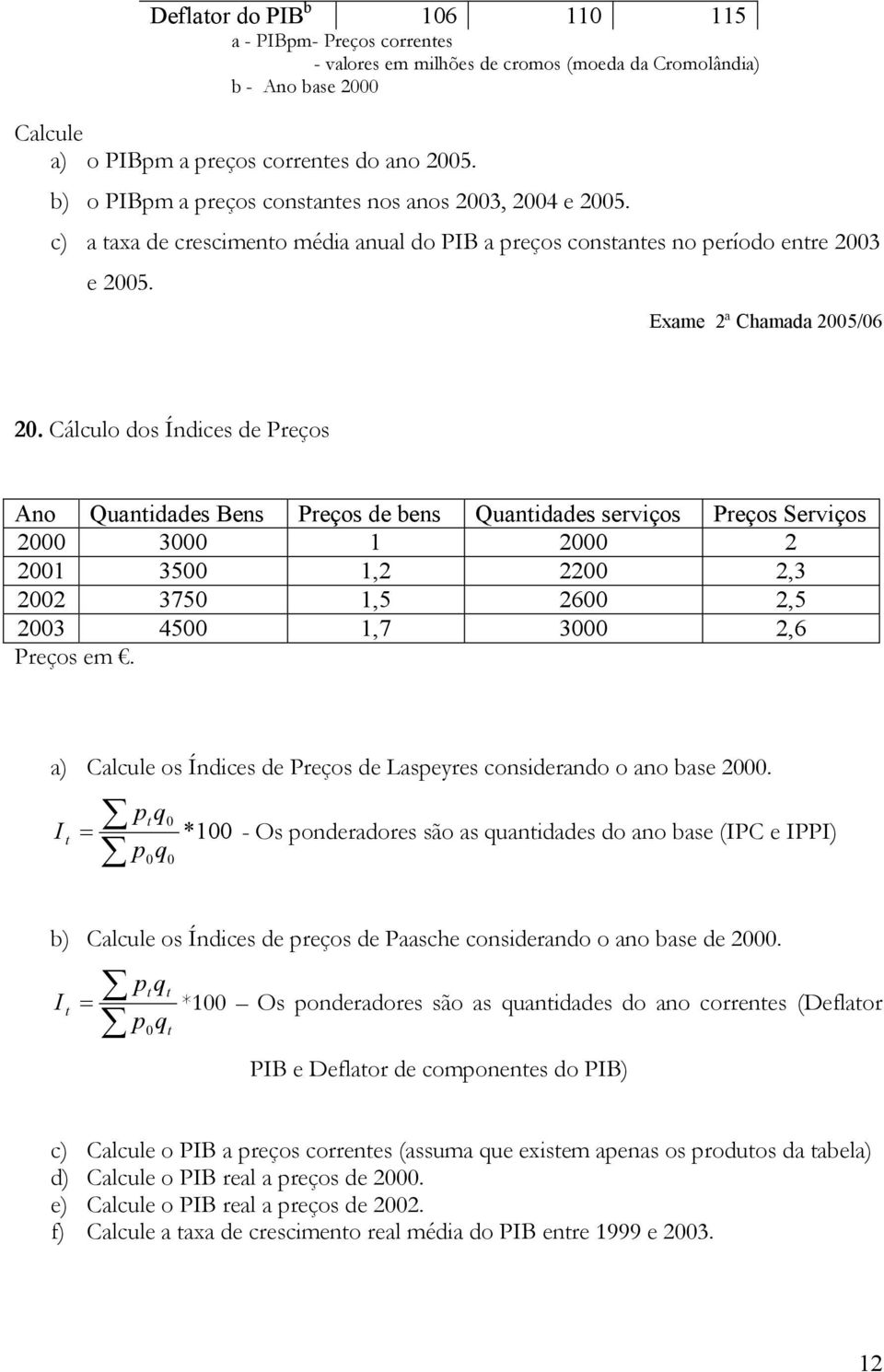 Cálculo dos Índices de Preços Ano Quantidades Bens Preços de bens Quantidades serviços Preços Serviços 2000 3000 1 2000 2 2001 3500 1,2 2200 2,3 2002 3750 1,5 2600 2,5 2003 4500 1,7 3000 2,6 Preços