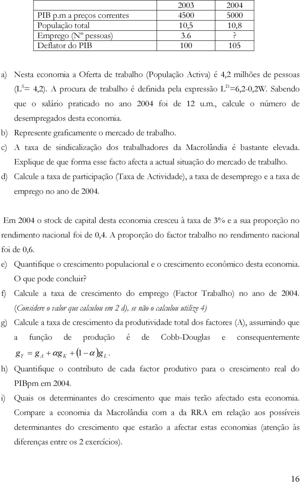 Sabendo que o salário praticado no ano 2004 foi de 12 u.m., calcule o número de desempregados desta economia. b) Represente graficamente o mercado de trabalho.