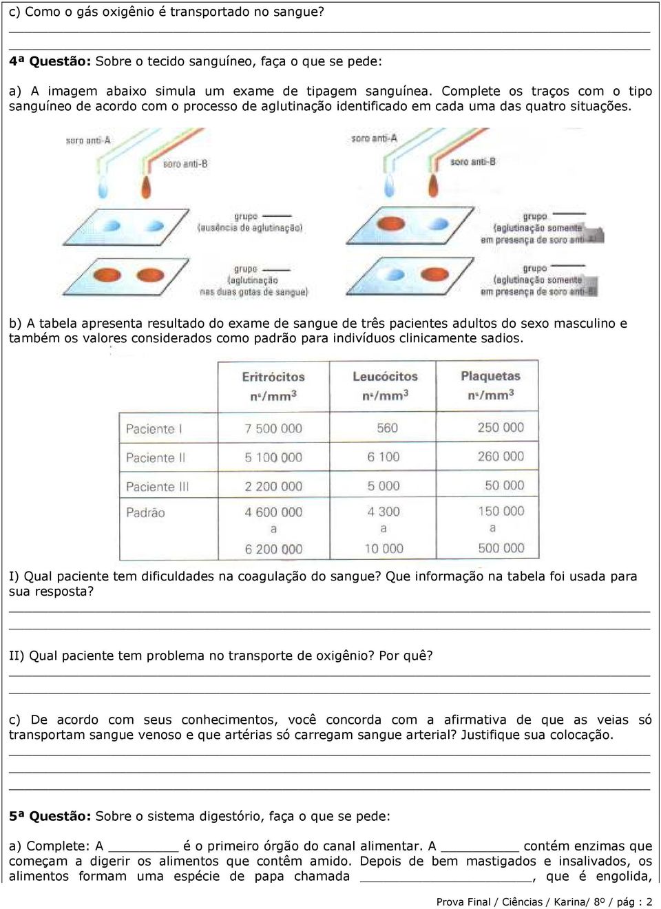 b) A tabela apresenta resultado do exame de sangue de três pacientes adultos do sexo masculino e também os valores considerados como padrão para indivíduos clinicamente sadios.