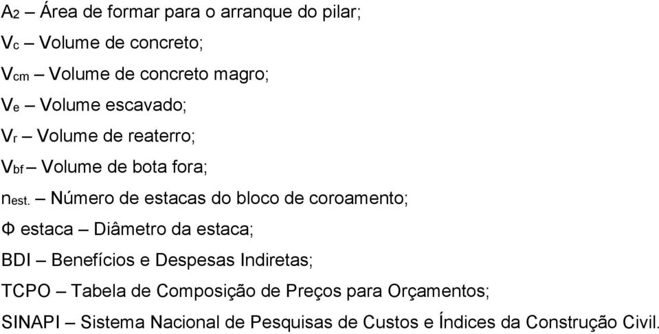 Número de estacas do bloco de coroamento; Φ estaca Diâmetro da estaca; BDI Benefícios e Despesas