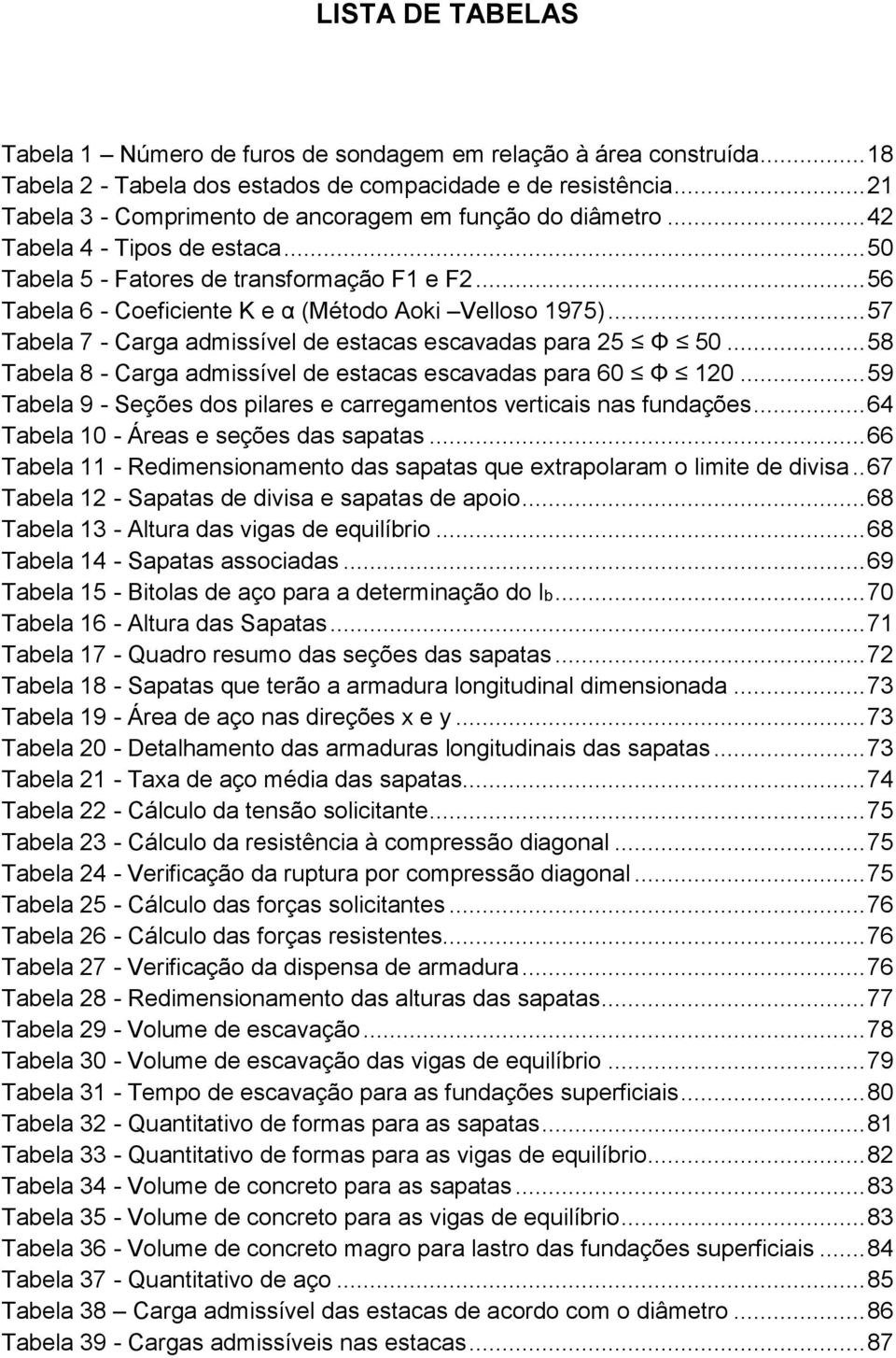 .. 56 Tabela 6 - Coeficiente K e α (Método Aoki Velloso 1975)... 57 Tabela 7 - Carga admissível de estacas escavadas para 25 Φ 50... 58 Tabela 8 - Carga admissível de estacas escavadas para 60 Φ 120.