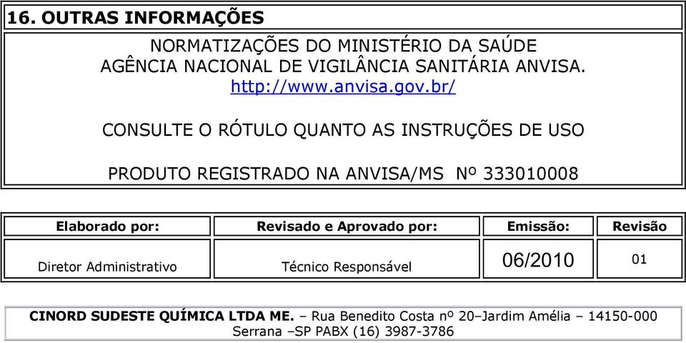 br/ CONSULTE O RÓTULO QUANTO AS INSTRUÇÕES DE USO PRODUTO REGISTRADO NA ANVISA/MS Nº 333010008 Elaborado por: