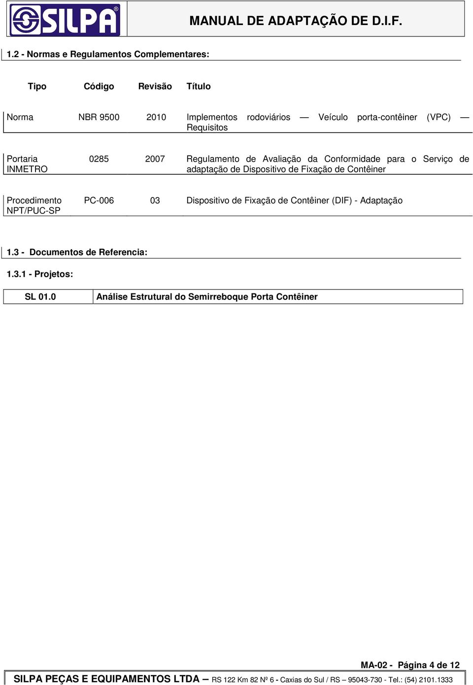 Procedimento NPT/PUC-SP PC-006 03 Dispositivo de Fixação de Contêiner (DIF) - Adaptação 1.3 - Documentos de Referencia: 1.3.1 - Projetos: SL 01.