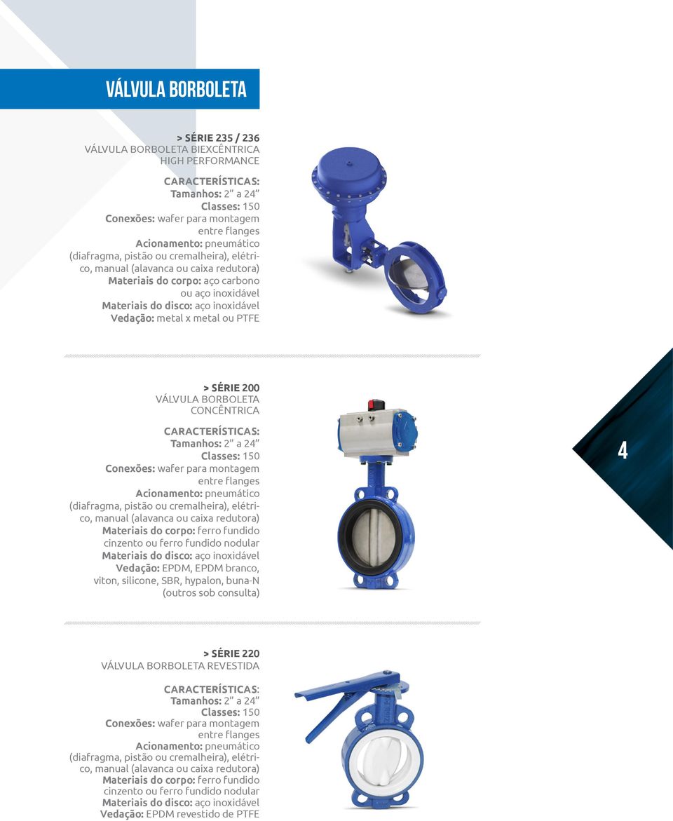 Classes: 150 Conexões: wafer para montagem entre flanges (diafragma, pistão ou cremalheira), elétrico, manual (alavanca ou caixa redutora) Materiais do corpo: ferro fundido cinzento ou ferro fundido