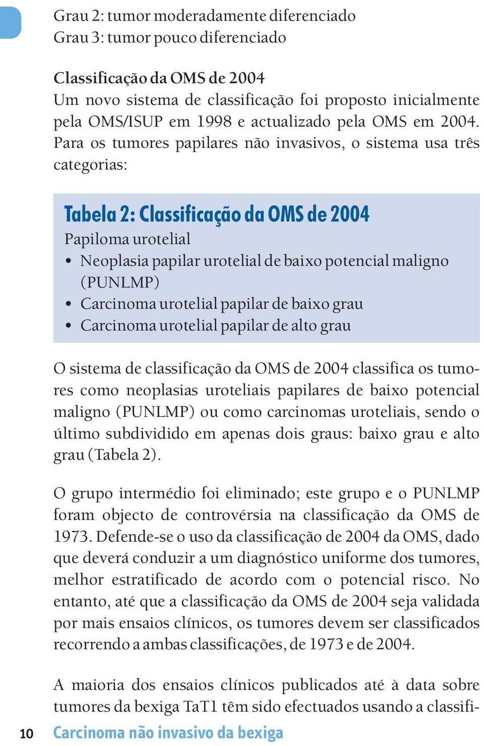 Para os tumores papilares não invasivos, o sistema usa três categorias: Tabela 2: Classificação da OMS de 2004 Papiloma urotelial Neoplasia papilar urotelial de baixo potencial maligno (PUNLMP)