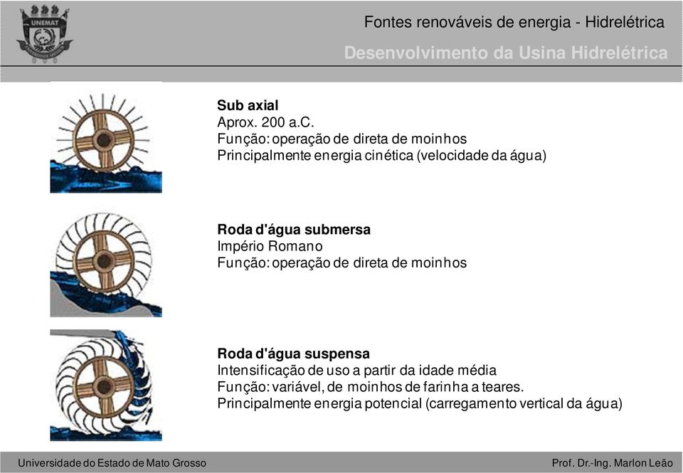 Função: operação de direta de moinhos Principalmente energia cinética (velocidade da água) Roda d'água