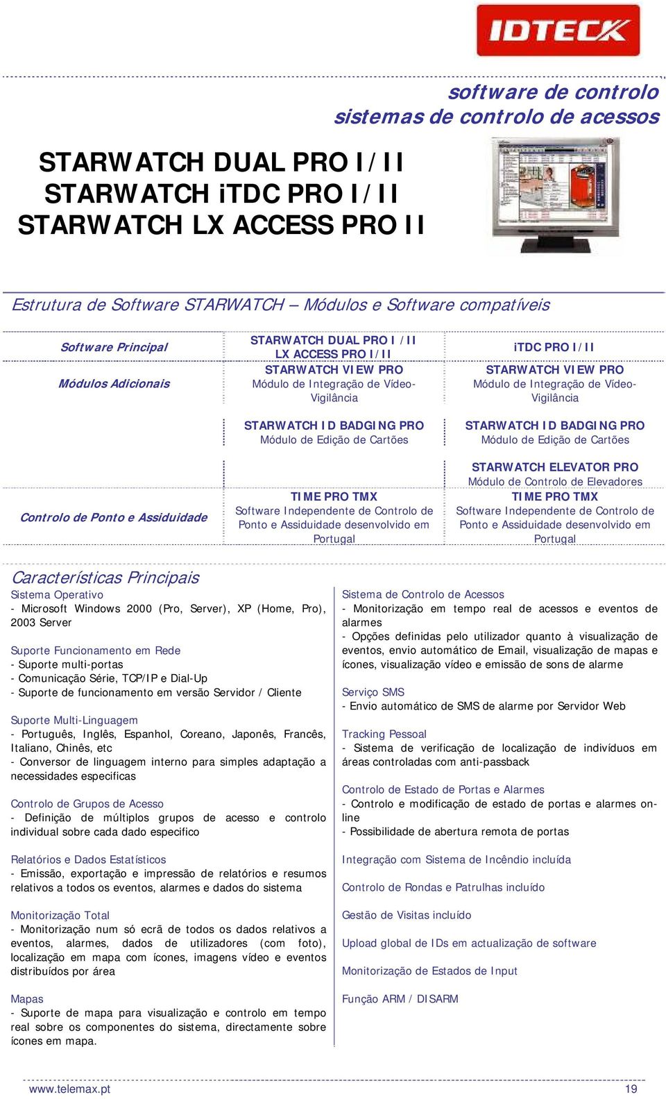 de Edição de Cartões TIME PRO TMX Software Independente de Controlo de Ponto e Assiduidade desenvolvido em Portugal itdc PRO I/II STARWATCH VIEW PRO Módulo de Integração de Vídeo- Vigilância