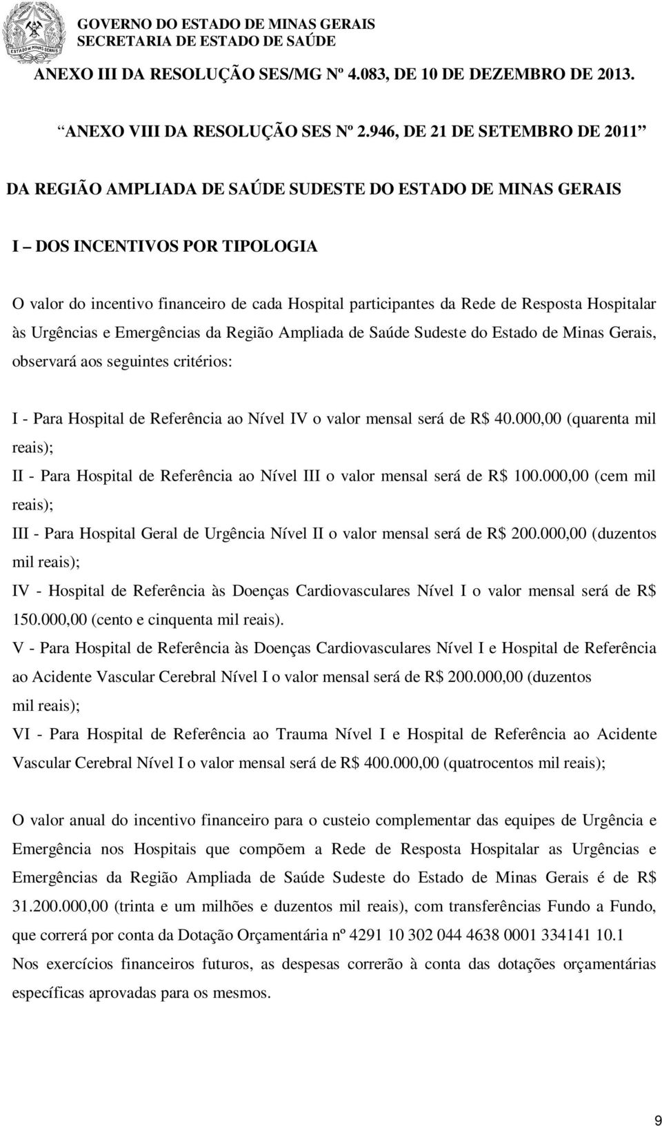 Resposta Hospitalar às Urgências e Emergências da Região Ampliada de Saúde Sudeste do Estado de Minas Gerais, observará aos seguintes critérios: I - Para Hospital de Referência ao Nível IV o valor