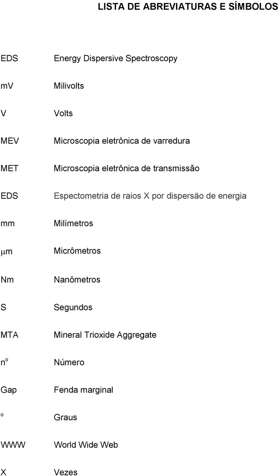 Espectometria de raios X por dispersäo de energia mm Milímetros m Micrômetros Nm Nanômetros S