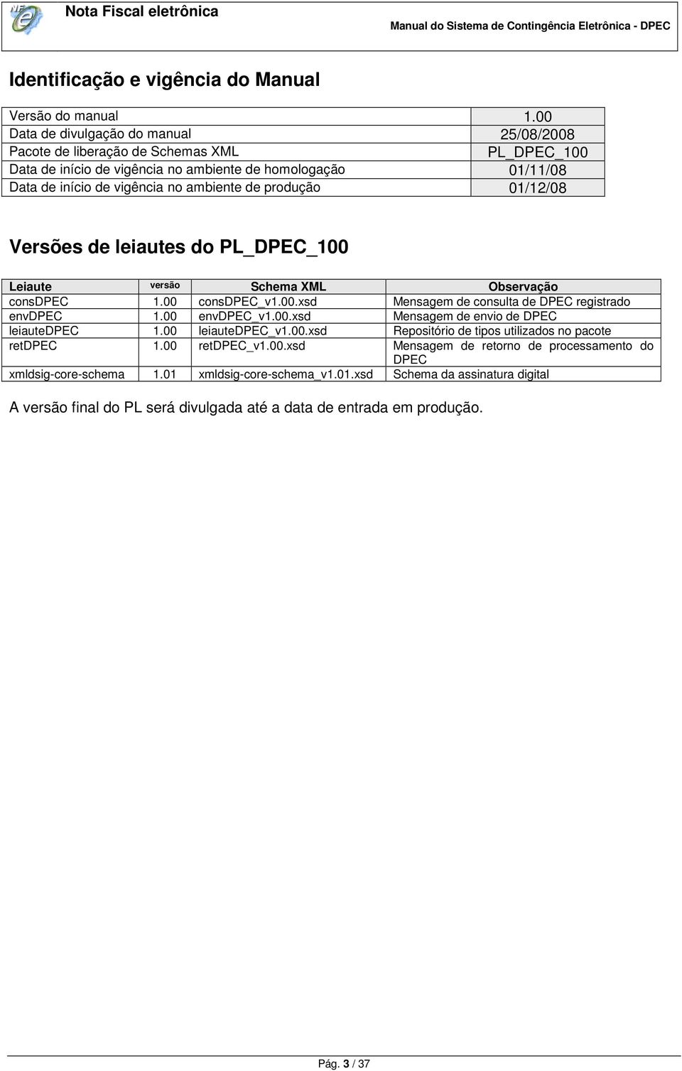 produção 01/12/08 Versões de leiautes do PL_DPEC_100 Leiaute versão Schema XML Observação consdpec 1.00 consdpec_v1.00.xsd Mensagem de consulta de DPEC registrado envdpec 1.00 envdpec_v1.00.xsd Mensagem de envio de DPEC leiautedpec 1.