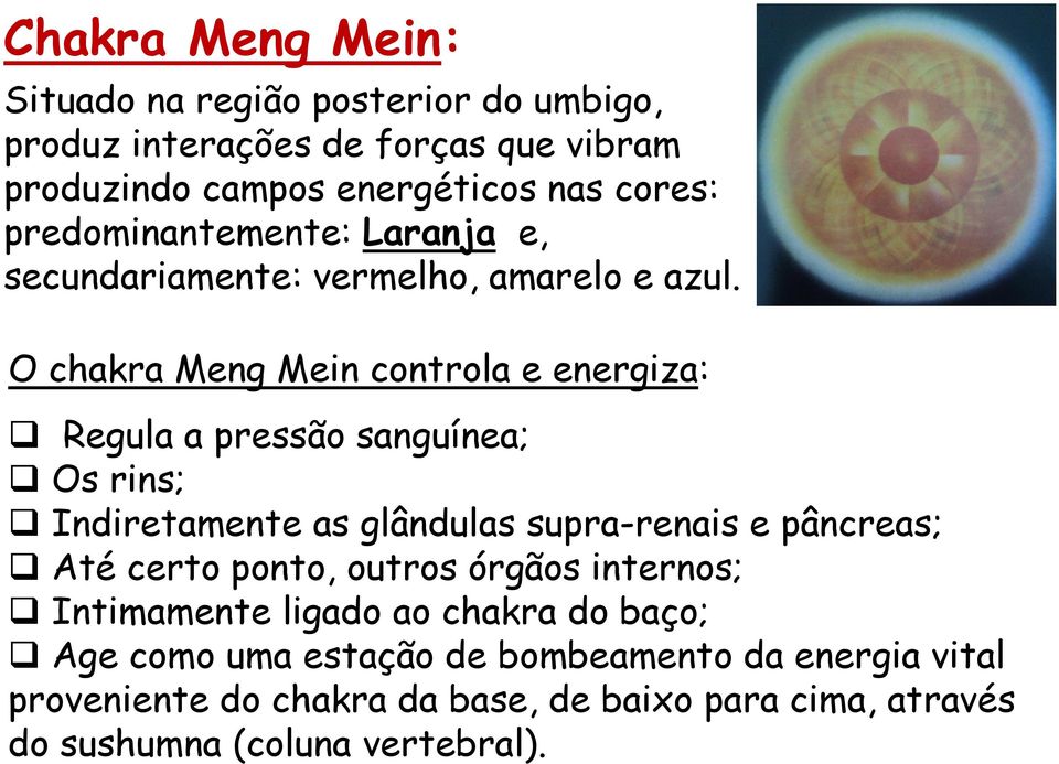 O chakra Meng Mein controla e energiza: Regula a pressão sanguínea; Os rins; Indiretamente as glândulas supra-renais e pâncreas; Até certo
