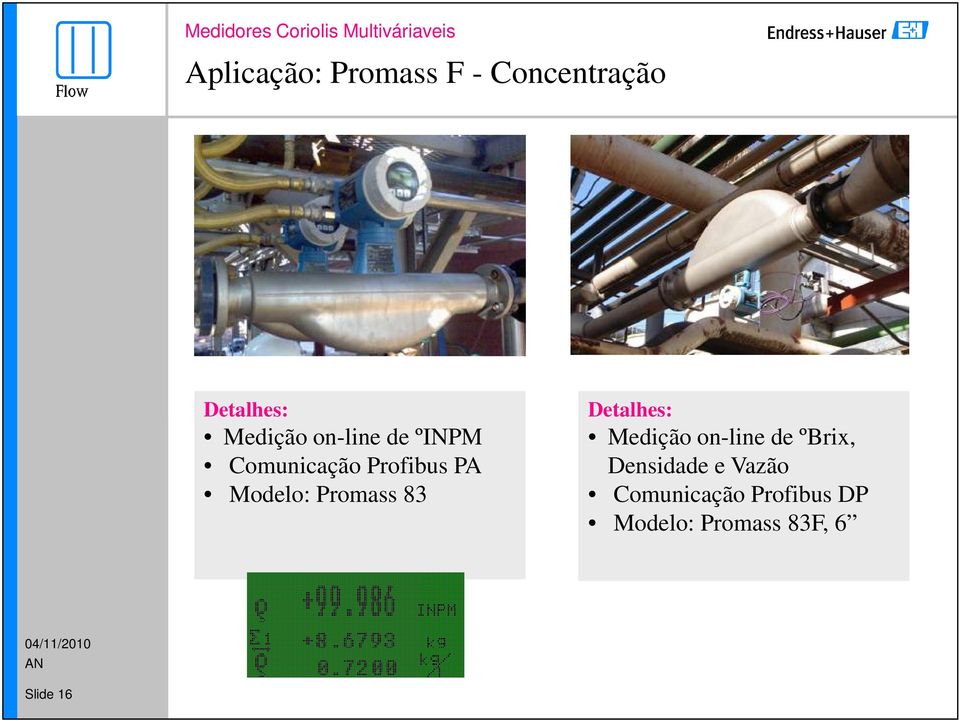 Promass 83 Detalhes: Medição on-line de ºBrix,