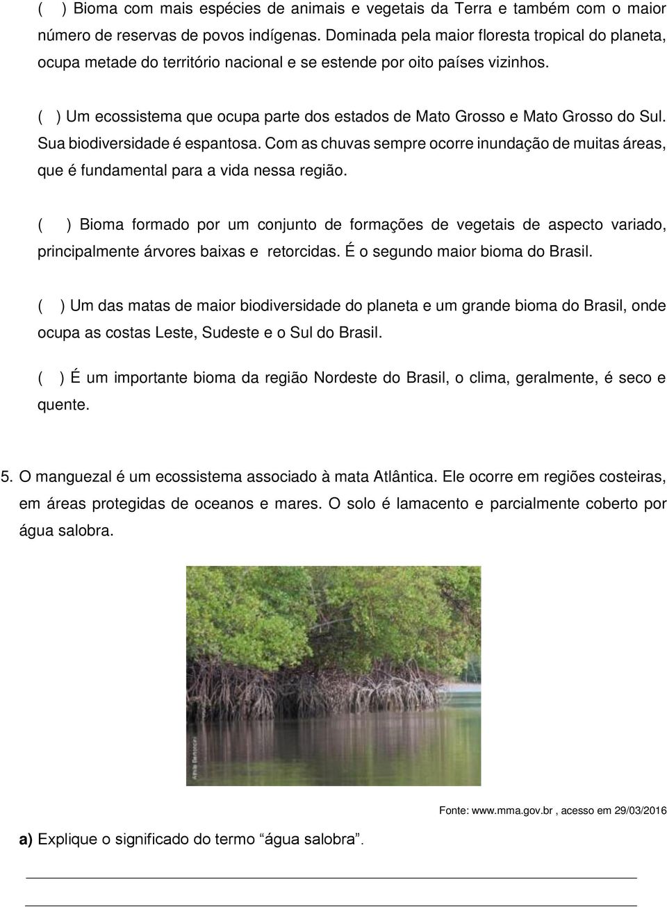 ( ) Um ecossistema que ocupa parte dos estados de Mato Grosso e Mato Grosso do Sul. Sua biodiversidade é espantosa.
