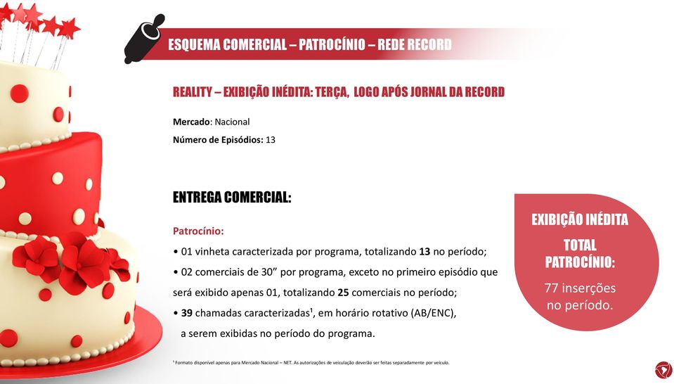 01, totalizando 25 comerciais no período; 39 chamadas caracterizadas¹, em horário rotativo (AB/ENC), a serem exibidas no período do programa.