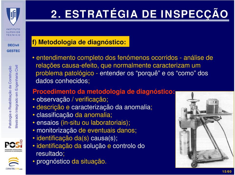 diagnóstico: observação / verificação; descrição e caracterização da anomalia; classificação da anomalia; ensaios (in-situ ou