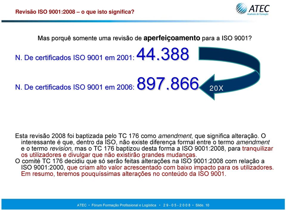 O interessante é que, dentro da ISO, não existe diferença formal entre o termo amendment e o termo revision, mas o TC 176 baptizou desta forma a ISO 9001:2008, para tranquilizar os utilizadores e