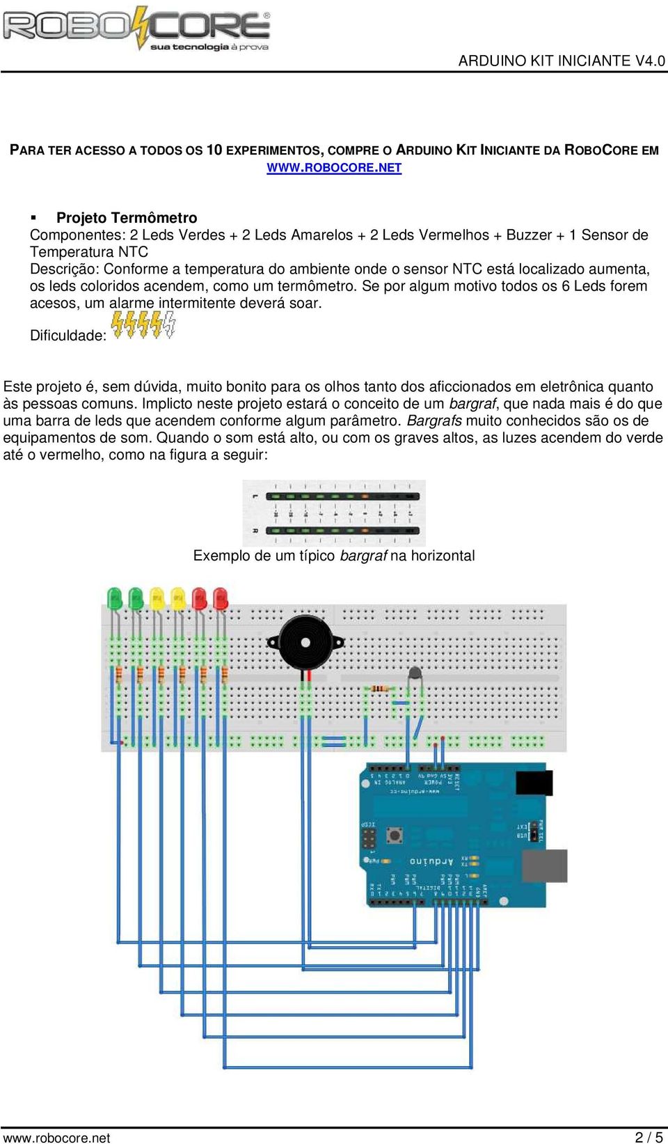 NET Projeto Termômetro Componentes: 2 Leds Verdes + 2 Leds Amarelos + 2 Leds Vermelhos + Buzzer + 1 Sensor de Temperatura NTC Descrição: Conforme a temperatura do ambiente onde o sensor NTC está
