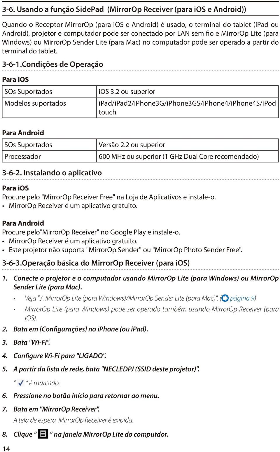 Condições de Operação Para ios SOs Suportados Modelos suportados ios 3.2 ou superior ipad/ipad2/iphone3g/iphone3gs/iphone4/iphone4s/ipod touch Para Android SOs Suportados Processador Versão 2.