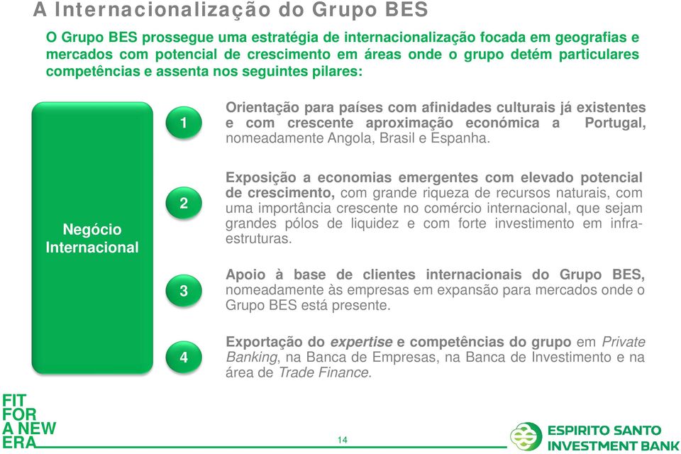 Negócio Internacional 2 3 Exposição a economias emergentes com elevado potencial de crescimento, com grande riqueza de recursos naturais, com uma importância crescente no comércio internacional, que