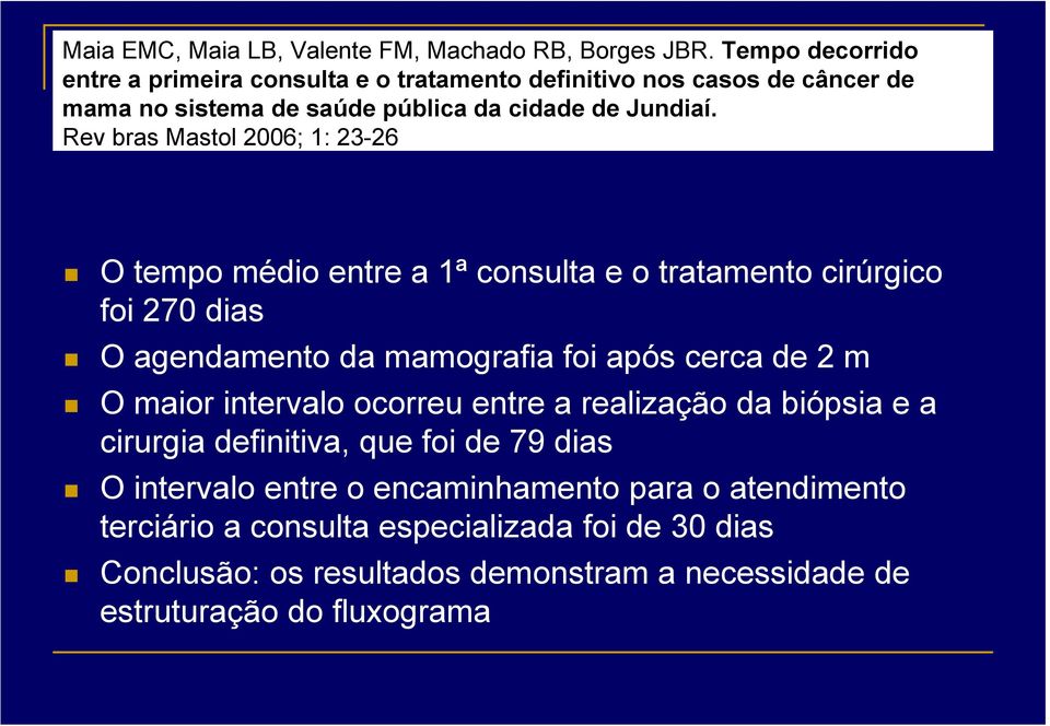 Rev bras Mastol 2006; 1: 23-26 O tempo médio entre a 1ª consulta e o tratamento cirúrgico foi 270 dias O agendamento da mamografia foi após cerca de 2 m O
