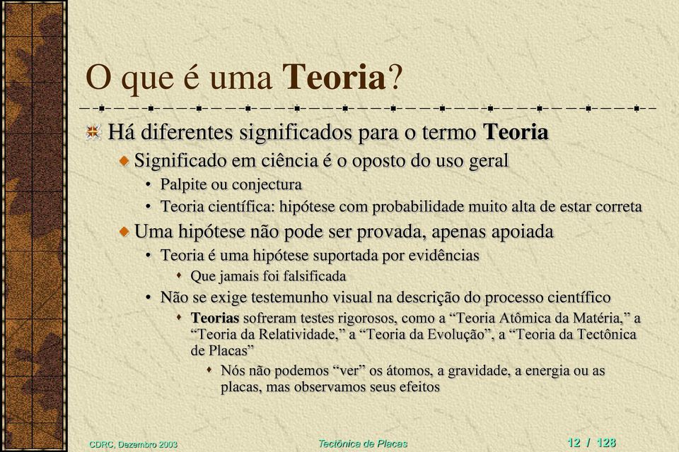 de estar correta Uma hipótese não pode ser provada, apenas apoiada Teoria é uma hipótese suportada por evidências Que jamais foi falsificada Não se exige testemunho visual