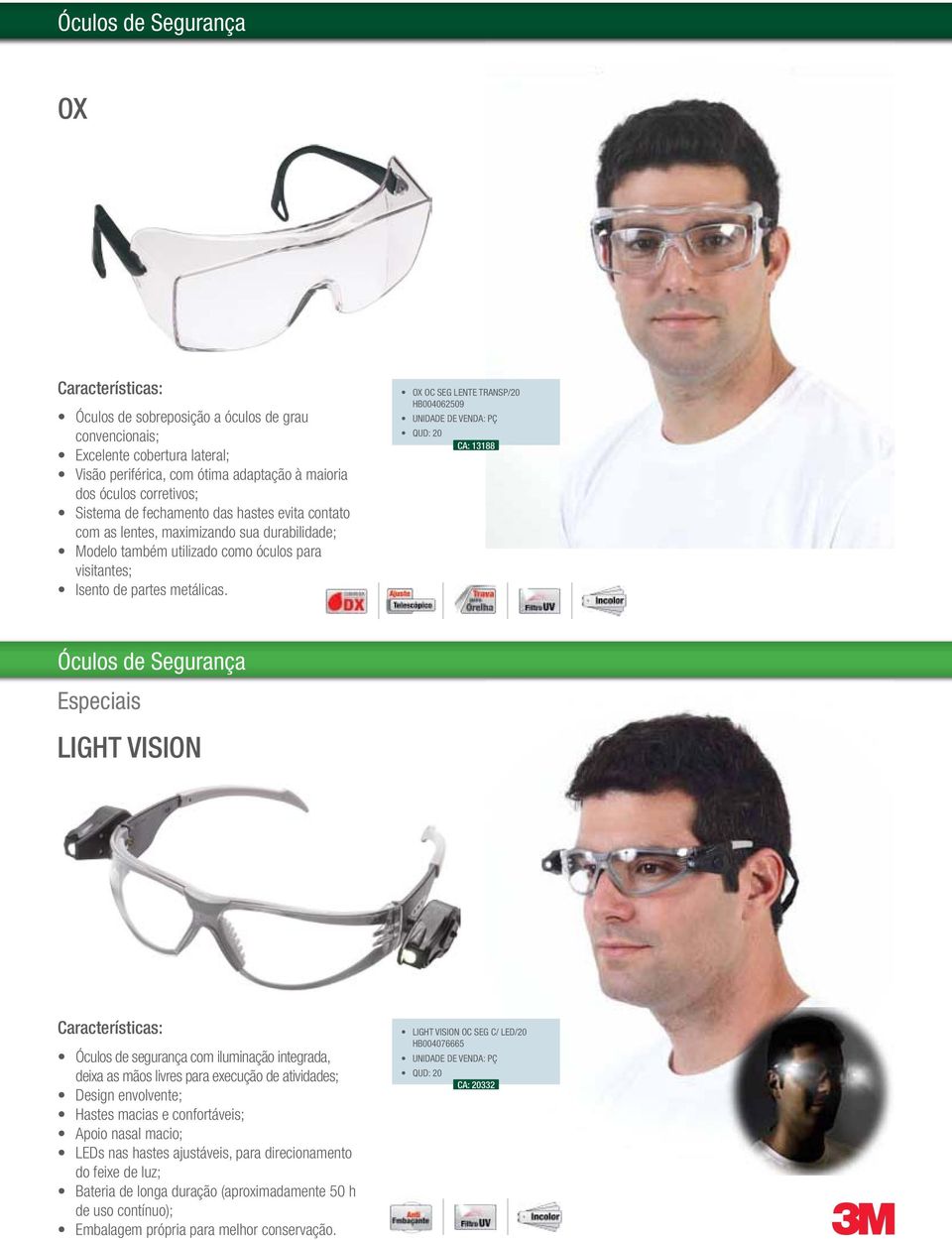 OX OC SEG LENTE TRANSP/20 HB004062509 CA: 13188 Óculos de Segurança Especiais LIGHT VISION Óculos de segurança com iluminação integrada, deixa as mãos livres para execução de atividades; Design